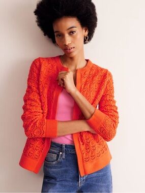 Boden Crotchet Knit Open Front Red-Orange Cardigan— Womens Large
